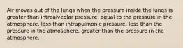 Air moves out of the lungs when the pressure inside the lungs is greater than intraalveolar pressure. equal to the pressure in the atmosphere. less than intrapulmonic pressure. less than the pressure in the atmosphere. greater than the pressure in the atmosphere.