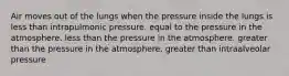 Air moves out of the lungs when the pressure inside the lungs is less than intrapulmonic pressure. equal to the pressure in the atmosphere. less than the pressure in the atmosphere. greater than the pressure in the atmosphere. greater than intraalveolar pressure