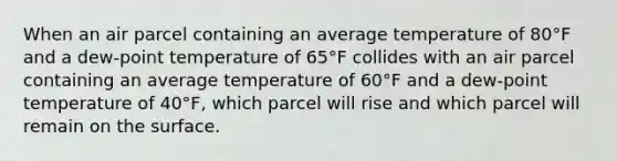 When an air parcel containing an average temperature of 80°F and a dew-point temperature of 65°F collides with an air parcel containing an average temperature of 60°F and a dew-point temperature of 40°F, which parcel will rise and which parcel will remain on the surface.