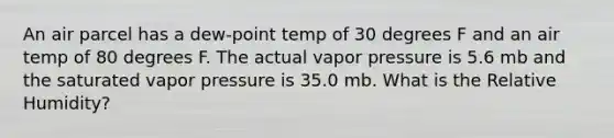 An air parcel has a dew-point temp of 30 degrees F and an air temp of 80 degrees F. The actual vapor pressure is 5.6 mb and the saturated vapor pressure is 35.0 mb. What is the Relative Humidity?