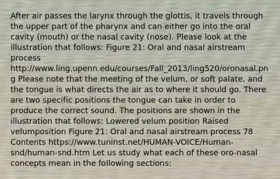 After air passes the larynx through the glottis, it travels through the upper part of <a href='https://www.questionai.com/knowledge/ktW97n6hGJ-the-pharynx' class='anchor-knowledge'>the pharynx</a> and can either go into the oral cavity (mouth) or the nasal cavity (nose). Please look at the illustration that follows: Figure 21: Oral and nasal airstream process http://www.ling.upenn.edu/courses/Fall_2013/ling520/oronasal.png Please note that the meeting of the velum, or soft palate, and the tongue is what directs the air as to where it should go. There are two specific positions the tongue can take in order to produce the correct sound. The positions are shown in the illustration that follows: Lowered velum position Raised velumposition Figure 21: Oral and nasal airstream process 78 Contents https://www.tuninst.net/HUMAN-VOICE/Human-snd/human-snd.htm Let us study what each of these oro-nasal concepts mean in the following sections: