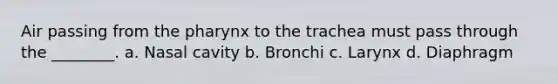 Air passing from the pharynx to the trachea must pass through the ________. a. Nasal cavity b. Bronchi c. Larynx d. Diaphragm