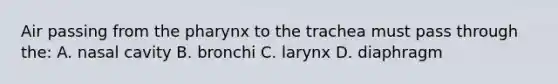 Air passing from the pharynx to the trachea must pass through the: A. nasal cavity B. bronchi C. larynx D. diaphragm