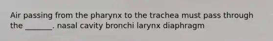 Air passing from the pharynx to the trachea must pass through the _______. nasal cavity bronchi larynx diaphragm