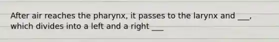 After air reaches the pharynx, it passes to the larynx and ___, which divides into a left and a right ___
