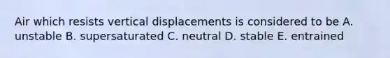 Air which resists vertical displacements is considered to be A. unstable B. supersaturated C. neutral D. stable E. entrained