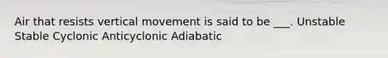 Air that resists vertical movement is said to be ___. Unstable Stable Cyclonic Anticyclonic Adiabatic