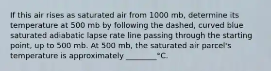 If this air rises as saturated air from 1000 mb, determine its temperature at 500 mb by following the dashed, curved blue saturated adiabatic lapse rate line passing through the starting point, up to 500 mb. At 500 mb, the saturated air parcel's temperature is approximately ________°C.