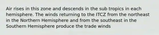 Air rises in this zone and descends in the sub tropics in each hemisphere. The winds returning to the ITCZ from the northeast in the Northern Hemisphere and from the southeast in the Southern Hemisphere produce the trade winds