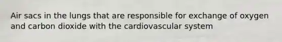 Air sacs in the lungs that are responsible for exchange of oxygen and carbon dioxide with the cardiovascular system