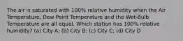 The air is saturated with 100% relative humidity when the Air Temperature, Dew Point Temperature and the Wet-Bulb Temperature are all equal. Which station has 100% relative humidity? (a) City A; (b) City B; (c) City C; (d) City D