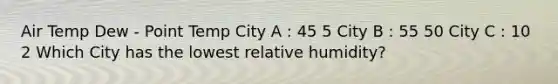 Air Temp Dew - Point Temp City A : 45 5 City B : 55 50 City C : 10 2 Which City has the lowest relative humidity?