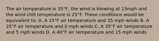 The air temperature is 35°F, the wind is blowing at 15mph and the wind chill temperature is 25°F. These conditions would be equivalent to: A. A 15°F air temperature and 35 mph winds B. A 25°F air temperature and 0 mph winds C. A 35°F air temperature and 5 mph winds D. A 40°F air temperature and 15 mph winds