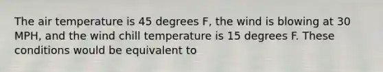 The air temperature is 45 degrees F, the wind is blowing at 30 MPH, and the wind chill temperature is 15 degrees F. These conditions would be equivalent to