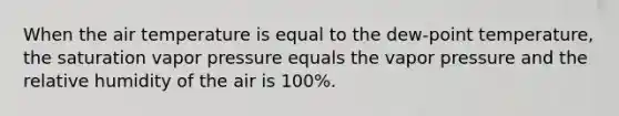 When the air temperature is equal to the dew-point temperature, the saturation vapor pressure equals the vapor pressure and the relative humidity of the air is 100%.