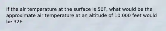 If the air temperature at the surface is 50F, what would be the approximate air temperature at an altitude of 10,000 feet would be 32F