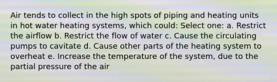 Air tends to collect in the high spots of piping and heating units in hot water heating systems, which could: Select one: a. Restrict the airflow b. Restrict the flow of water c. Cause the circulating pumps to cavitate d. Cause other parts of the heating system to overheat e. Increase the temperature of the system, due to the partial pressure of the air