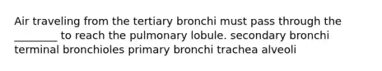 Air traveling from the tertiary bronchi must pass through the ________ to reach the pulmonary lobule. secondary bronchi terminal bronchioles primary bronchi trachea alveoli