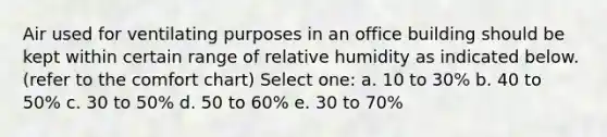 Air used for ventilating purposes in an office building should be kept within certain range of relative humidity as indicated below. (refer to the comfort chart) Select one: a. 10 to 30% b. 40 to 50% c. 30 to 50% d. 50 to 60% e. 30 to 70%