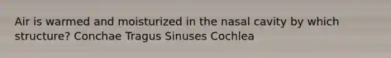 Air is warmed and moisturized in the nasal cavity by which structure? Conchae Tragus Sinuses Cochlea