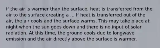 If the air is warmer than the surface, heat is transferred from the air to the surface creating a ... If heat is transferred out of the air, the air cools and the surface warms. This may take place at night when the sun goes down and there is no input of solar radiation. At this time, the ground cools due to longwave emission and the air directly above the surface is warmer.