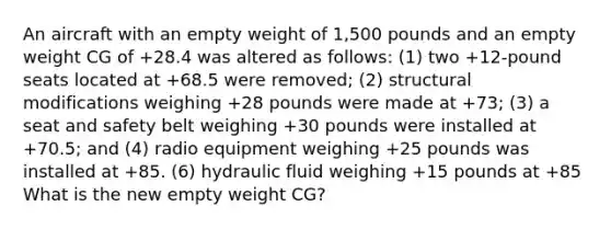 An aircraft with an empty weight of 1,500 pounds and an empty weight CG of +28.4 was altered as follows: (1) two +12-pound seats located at +68.5 were removed; (2) structural modifications weighing +28 pounds were made at +73; (3) a seat and safety belt weighing +30 pounds were installed at +70.5; and (4) radio equipment weighing +25 pounds was installed at +85. (6) hydraulic fluid weighing +15 pounds at +85 What is the new empty weight CG?