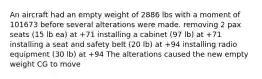 An aircraft had an empty weight of 2886 lbs with a moment of 101673 before several alterations were made. removing 2 pax seats (15 lb ea) at +71 installing a cabinet (97 lb) at +71 installing a seat and safety belt (20 lb) at +94 installing radio equipment (30 lb) at +94 The alterations caused the new empty weight CG to move