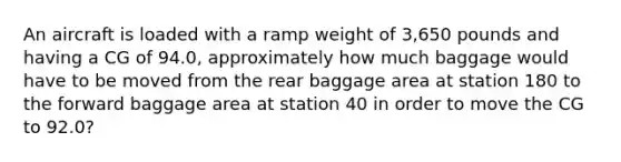 An aircraft is loaded with a ramp weight of 3,650 pounds and having a CG of 94.0, approximately how much baggage would have to be moved from the rear baggage area at station 180 to the forward baggage area at station 40 in order to move the CG to 92.0?