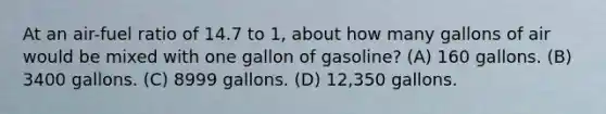 At an air-fuel ratio of 14.7 to 1, about how many gallons of air would be mixed with one gallon of gasoline? (A) 160 gallons. (B) 3400 gallons. (C) 8999 gallons. (D) 12,350 gallons.