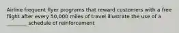 Airline frequent flyer programs that reward customers with a free flight after every 50,000 miles of travel illustrate the use of a ________ schedule of reinforcement