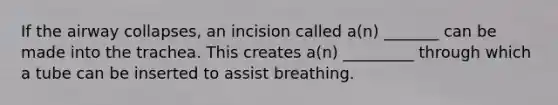 If the airway collapses, an incision called a(n) _______ can be made into the trachea. This creates a(n) _________ through which a tube can be inserted to assist breathing.