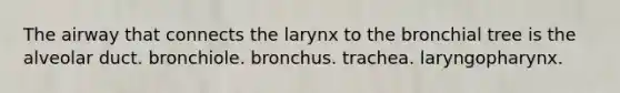 The airway that connects the larynx to the bronchial tree is the alveolar duct. bronchiole. bronchus. trachea. laryngopharynx.