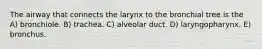 The airway that connects the larynx to the bronchial tree is the A) bronchiole. B) trachea. C) alveolar duct. D) laryngopharynx. E) bronchus.