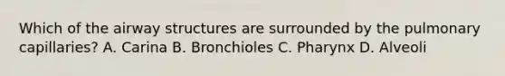 Which of the airway structures are surrounded by the pulmonary capillaries? A. Carina B. Bronchioles C. Pharynx D. Alveoli