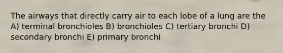 The airways that directly carry air to each lobe of a lung are the A) terminal bronchioles B) bronchioles C) tertiary bronchi D) secondary bronchi E) primary bronchi