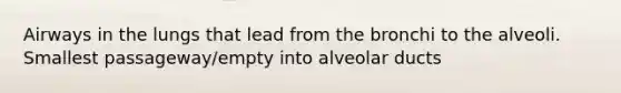 Airways in the lungs that lead from the bronchi to the alveoli. Smallest passageway/empty into alveolar ducts