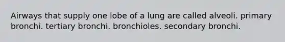 Airways that supply one lobe of a lung are called alveoli. primary bronchi. tertiary bronchi. bronchioles. secondary bronchi.