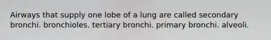 Airways that supply one lobe of a lung are called secondary bronchi. bronchioles. tertiary bronchi. primary bronchi. alveoli.