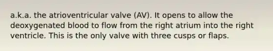 a.k.a. the atrioventricular valve (AV). It opens to allow the deoxygenated blood to flow from the right atrium into the right ventricle. This is the only valve with three cusps or flaps.