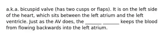 a.k.a. bicuspid valve (has two cusps or flaps). It is on the left side of the heart, which sits between the left atrium and the left ventricle. Just as the AV does, the _______ _______ keeps the blood from flowing backwards into the left atrium.