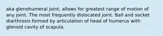 aka glenohumeral joint. allows for greatest range of motion of any joint. The most frequently dislocated joint. Ball and socket diarthrosis formed by articulation of head of humerus with glenoid cavity of scapula.