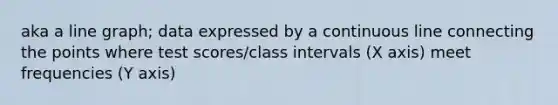 aka a line graph; data expressed by a continuous line connecting the points where test scores/class intervals (X axis) meet frequencies (Y axis)