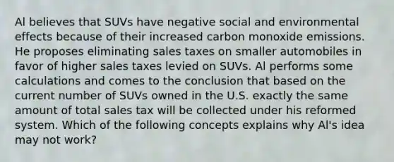 Al believes that SUVs have negative social and environmental effects because of their increased <a href='https://www.questionai.com/knowledge/k7ZU8sTVkC-carbon-monoxide' class='anchor-knowledge'>carbon monoxide</a> emissions. He proposes eliminating sales taxes on smaller automobiles in favor of higher sales taxes levied on SUVs. Al performs some calculations and comes to the conclusion that based on the current number of SUVs owned in the U.S. exactly the same amount of total sales tax will be collected under his reformed system. Which of the following concepts explains why Al's idea may not work?