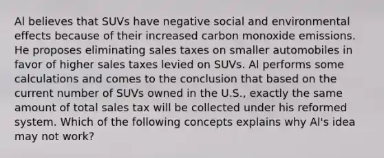 Al believes that SUVs have negative social and environmental effects because of their increased carbon monoxide emissions. He proposes eliminating sales taxes on smaller automobiles in favor of higher sales taxes levied on SUVs. Al performs some calculations and comes to the conclusion that based on the current number of SUVs owned in the U.S., exactly the same amount of total sales tax will be collected under his reformed system. Which of the following concepts explains why Al's idea may not work?