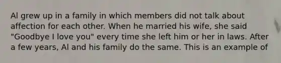 Al grew up in a family in which members did not talk about affection for each other. When he married his wife, she said "Goodbye I love you" every time she left him or her in laws. After a few years, Al and his family do the same. This is an example of