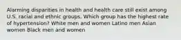 Alarming disparities in health and health care still exist among U.S. racial and ethnic groups. Which group has the highest rate of hypertension? White men and women Latino men Asian women Black men and women