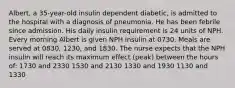 Albert, a 35-year-old insulin dependent diabetic, is admitted to the hospital with a diagnosis of pneumonia. He has been febrile since admission. His daily insulin requirement is 24 units of NPH. Every morning Albert is given NPH insulin at 0730. Meals are served at 0830, 1230, and 1830. The nurse expects that the NPH insulin will reach its maximum effect (peak) between the hours of: 1730 and 2330 1530 and 2130 1330 and 1930 1130 and 1330