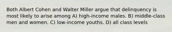 Both Albert Cohen and Walter Miller argue that delinquency is most likely to arise among A) high-income males. B) middle-class men and women. C) low-income youths. D) all class levels