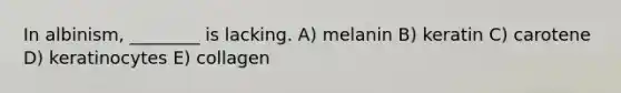 In albinism, ________ is lacking. A) melanin B) keratin C) carotene D) keratinocytes E) collagen