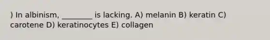 ) In albinism, ________ is lacking. A) melanin B) keratin C) carotene D) keratinocytes E) collagen